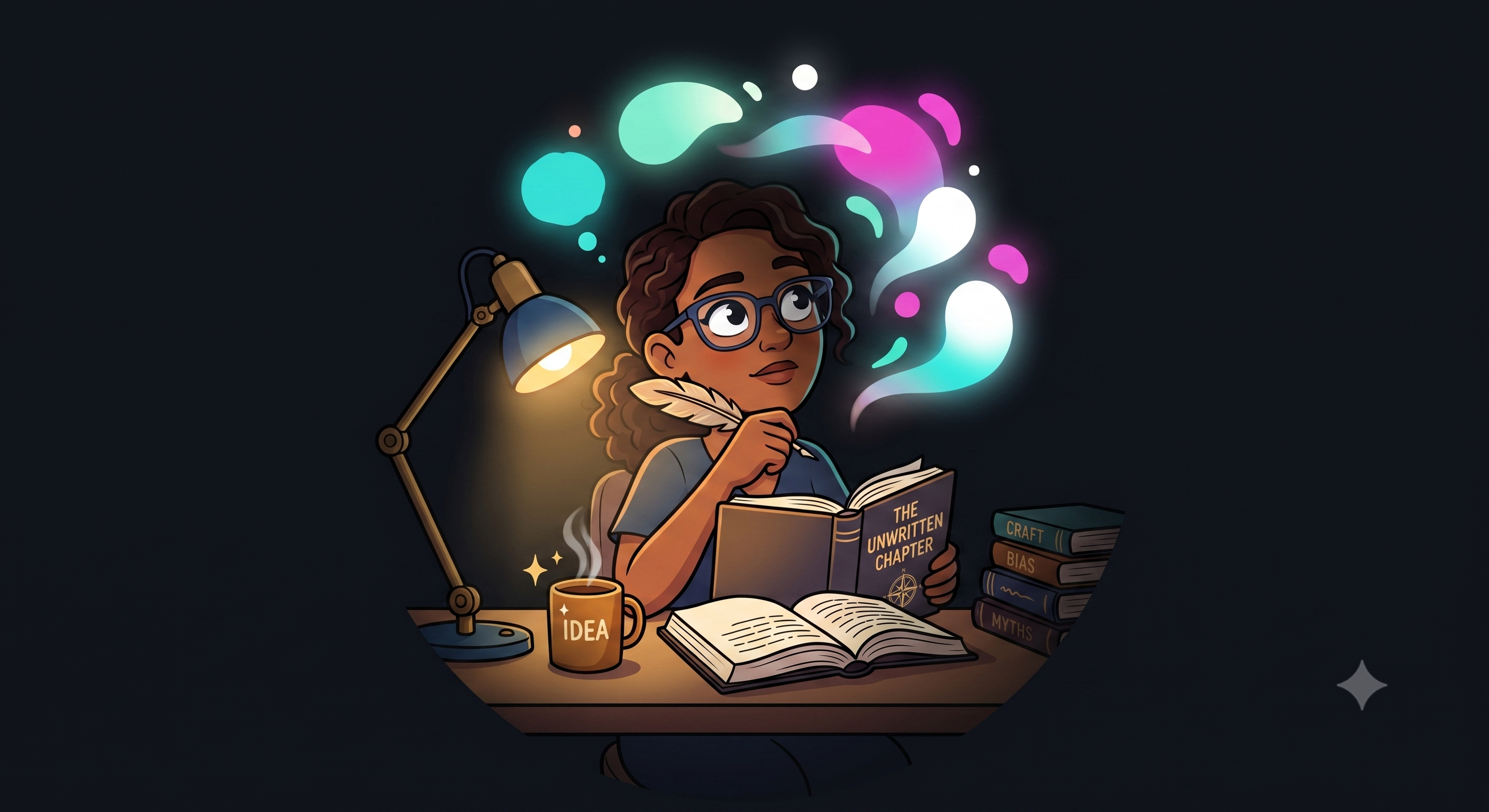 An illustration of an author deep in thought and writing.